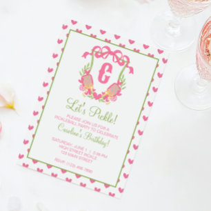 Invitation Raquettes de Pickleball Rose & Vert Monogramme Bla