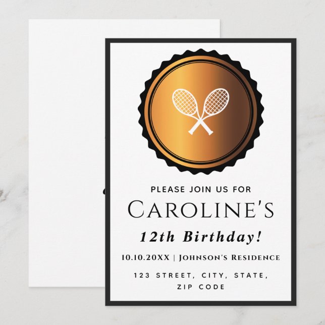 Invitation Raquettes de tennis Gold & Black Sport élégant (Devant / Derrière)