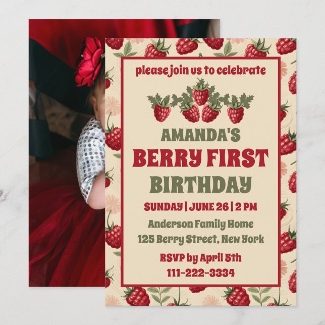 Invitation Raspberry 1er Anniversaire Fête Berry Première pho (Devant / Derrière)