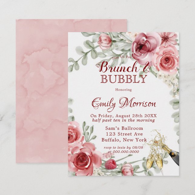 Invitation Raspberry Pink Peony Champagne Brunch & Bubbly Inv (Devant / Derrière)