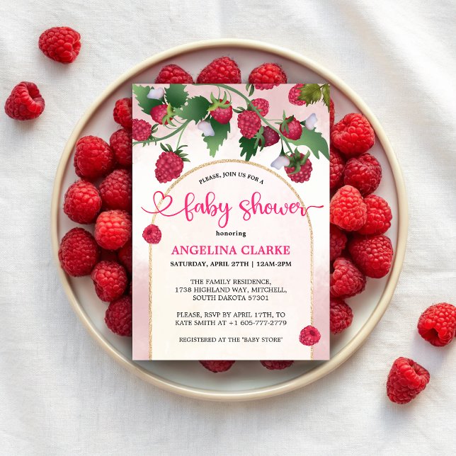 Invitation Raspberry Sweet Watercolor Girl Baby shower (Raspberry Sweet Watercolor Girl Baby Shower Invitation)