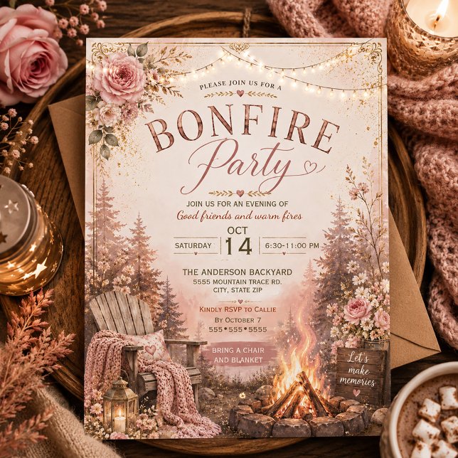 Invitation Rassemblement de feu de joie d'automne  (Pink floral Autumn Bonfire Invitation)