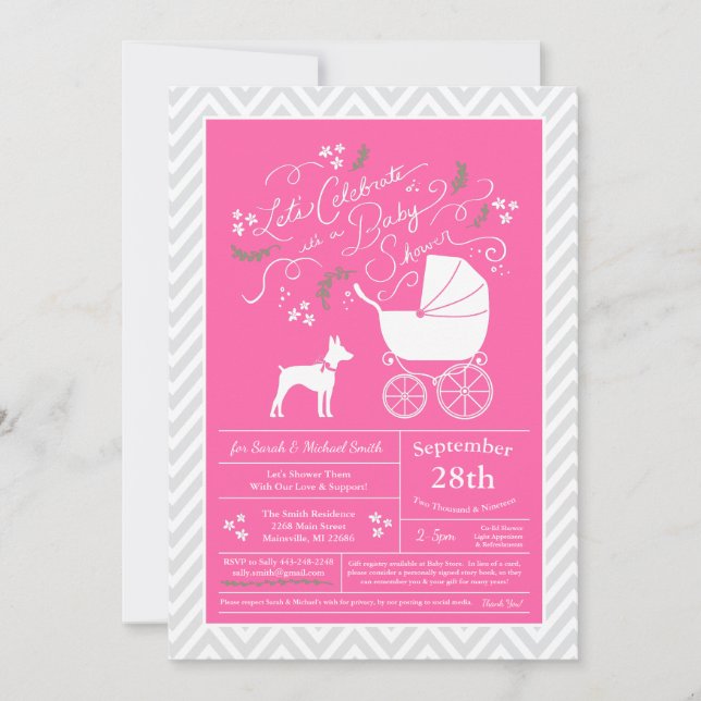 Invitation Rat Terrier Chien Baby shower fille rose (Devant)