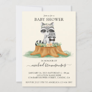 Invitation Raton laveur crème jaune aquarelle maman bébé garç