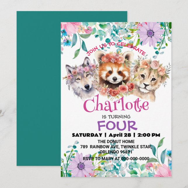 Invitation Raton laveur loup jungle Animaux Anniversaire Flor (Devant / Derrière)