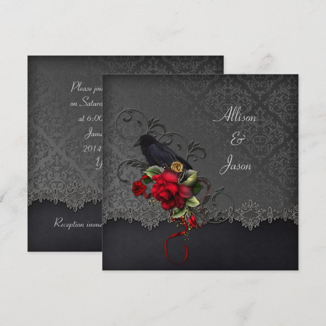 Invitation Raven Roses rouges noires grises Damassé (Devant / Derrière)