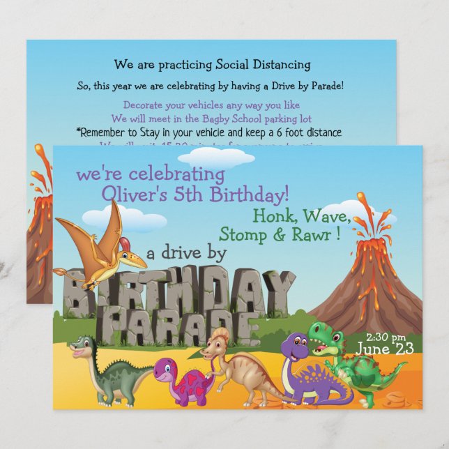 Invitation Rawr DinoDrive Par Happy Birthday Parade Invitatio (Devant / Derrière)