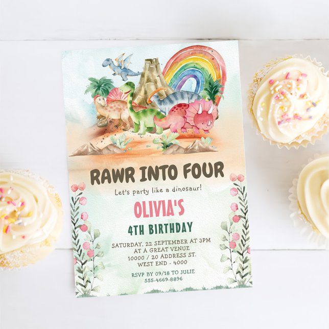 Invitation Rawr Into Four Dinosaur 4e fête d'anniversaire (Créateur téléchargé)