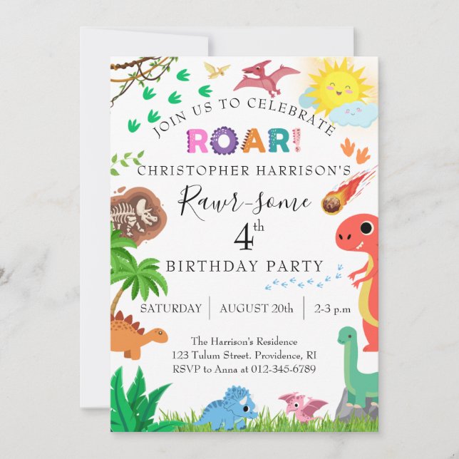 Invitation Rawr-some Dinosaur 4th Birthday Party (Devant)