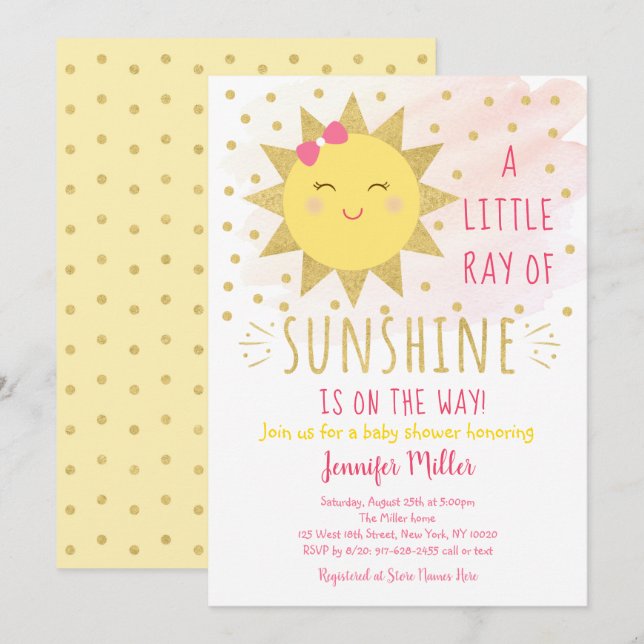 Invitation Ray Of Sunshine Baby shower Rose & Or (Devant / Derrière)