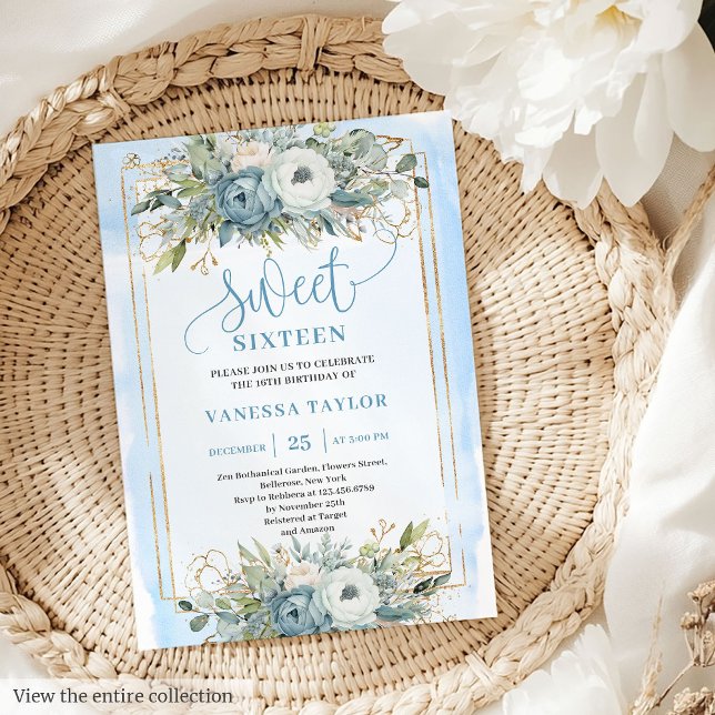 Invitation Rayant Pastel Bleu Blancs pivoines Douce 16 Invita (Radiant Pastel Blue White Peonies Sweet 16 Invitation)