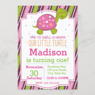 Invitation rayée d'anniversaire de tortue (rose)