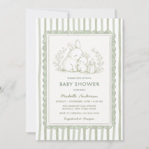 Invitation rayée pour Baby Shower avec lapin vert
