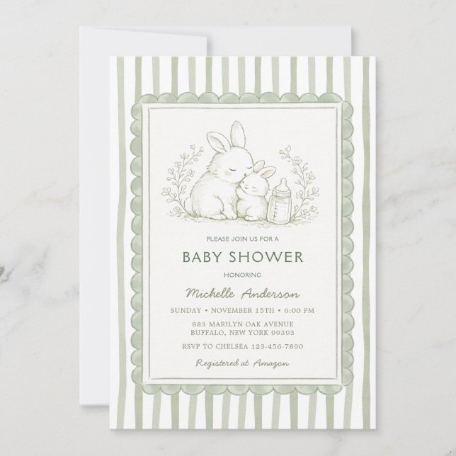 Invitation rayée pour Baby Shower avec lapin vert  (Devant)