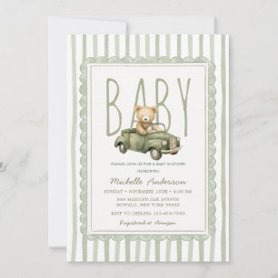 Invitation rayée pour Baby Shower avec ours en ver
