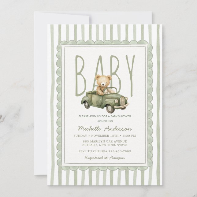 Invitation rayée pour Baby Shower avec ours en ver (Devant)