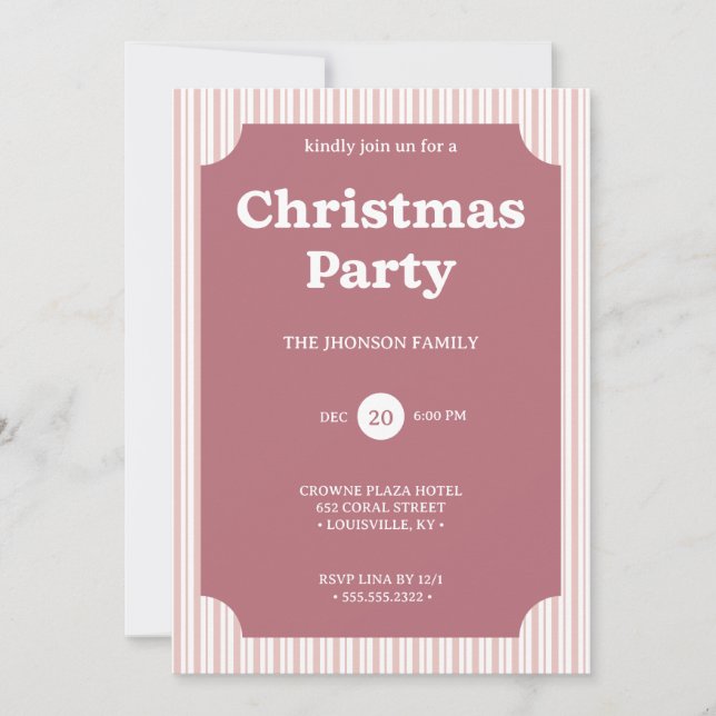 Invitation rayée pour une fête de Noël rétro rouge (Devant)