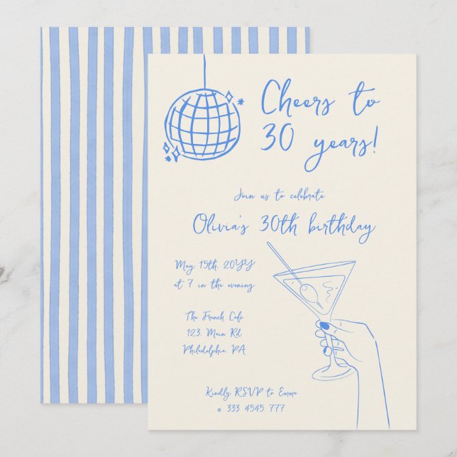 Invitation rayée pour une soirée de cocktails rétr (Devant / Derrière)