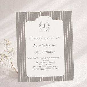 Invitation rayée taupe et ivoire pour anniversaire