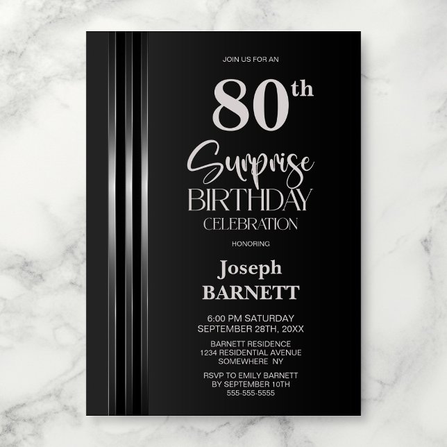 Invitation Rayo Argenté Noir Gris 80e Anniversaire Surprise (Créateur téléchargé)
