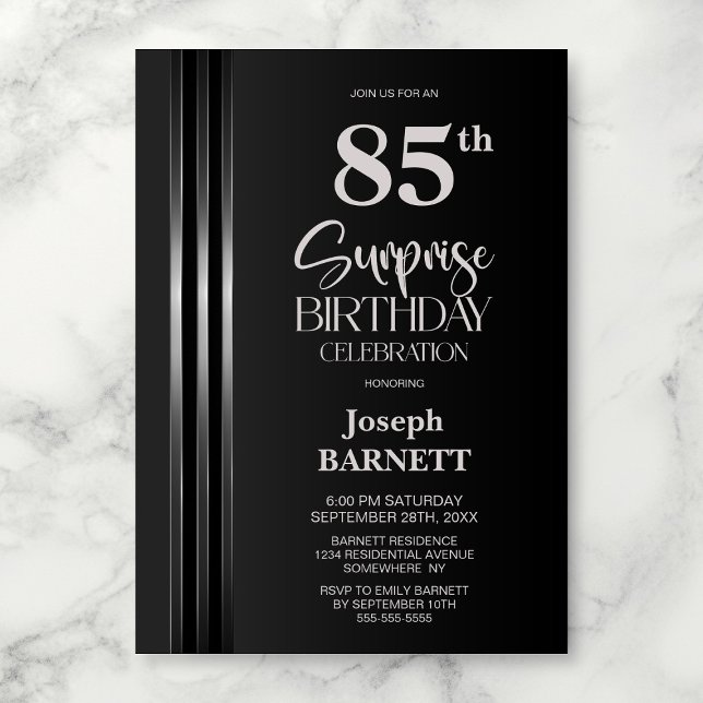 Invitation Rayo Argenté Noir Gris 85e Anniversaire Surprise (Créateur téléchargé)