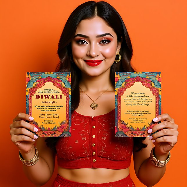 Invitation Rayonnement de Diwali vert et marron (Maroon and green Diwali Radiance Invitation)