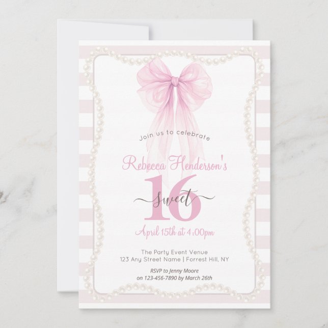 Invitation Rays Préparatoires Rose Nœud Perles Sweet 16 (Devant)