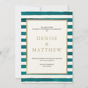 Invitation Rayure aquarelle bleu de port & lettrage doré