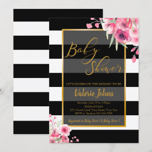 Invitation Rayure blanche noire florale vintage