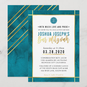 Invitation Rayure bleue turquoise d'or de la BARRE MITZVAH de