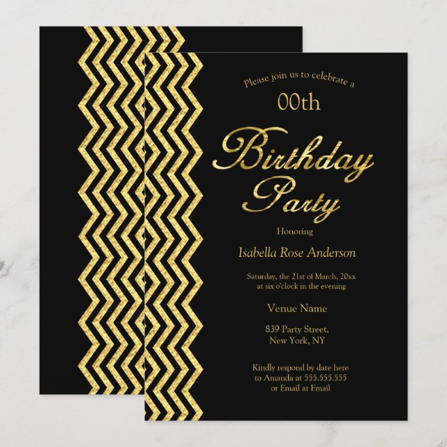 Invitation Rayure Chevron Or Noir Or Élégant Anniversaire (Devant / Derrière)