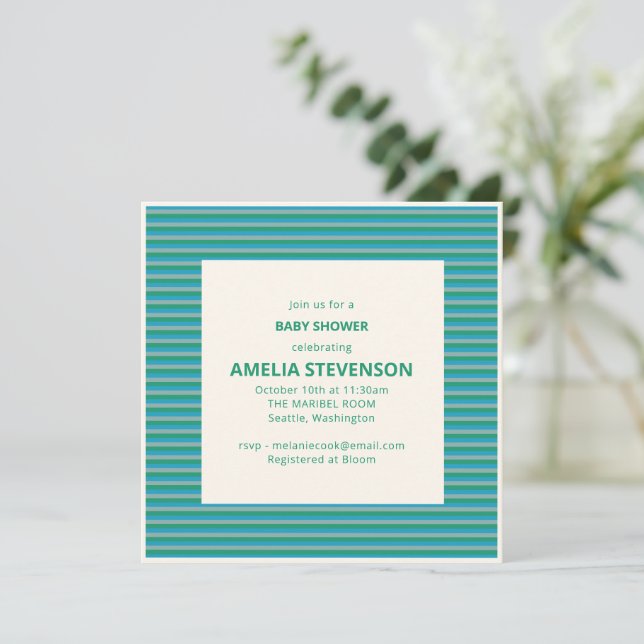 Invitation Rayure Été Bébé Shower Bleu Canard (Debout devant)