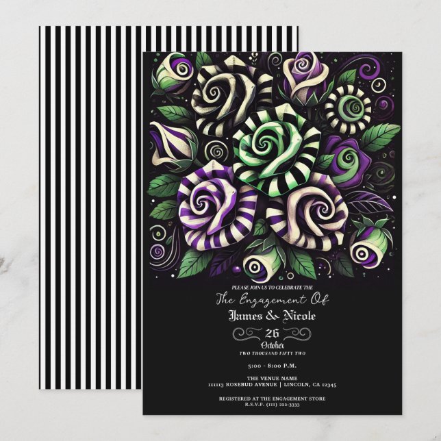 Invitation Rayure Fleurie Violet Vert pour Mariage de Hallowe (Devant / Derrière)