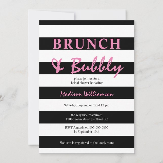 Invitation Rayure noir et blanc avec brunch rose et boissons  (Devant)