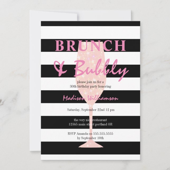 Invitation Rayure noir et blanc | Champagne rose Anniversaire (Devant)