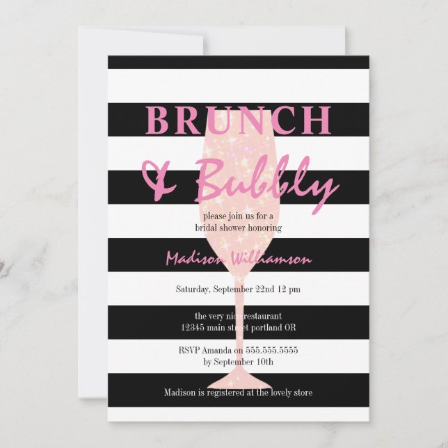 Invitation Rayure noire et blanche avec Champagne pailleté ro (Devant)