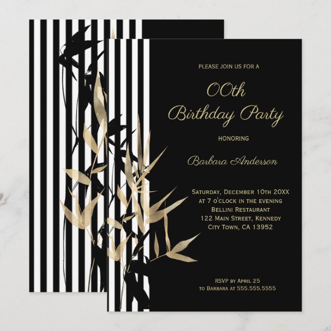 Invitation Rayure noire et blanche feuille de bambou doré Ann (Devant / Derrière)