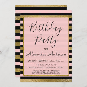 Invitation Rayure noire rose de feuille d'or tout