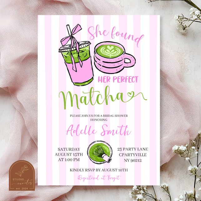 Invitation Rayure rose moderne Elle a trouvé son matcha parfa (Créateur téléchargé)