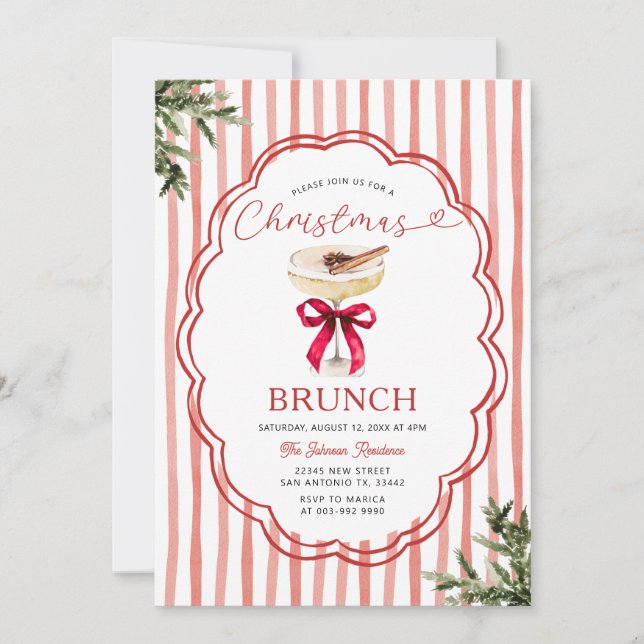Invitation Rayure rouge festive & Brunch de Noël des Fêtes (Devant)