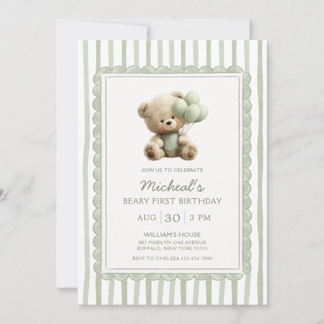 Invitation Rayure Vert Sauge Ourson Premier Anniversaire  (Devant)