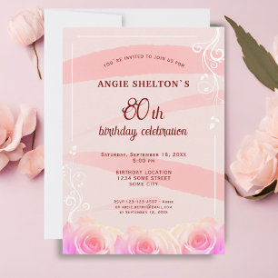 Invitation Rayures Aquarelle Florale Rose Pâle 80ème Annivers