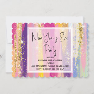 Invitation Rayures arc-en-ciel avec paillettes dorées Nouvel 