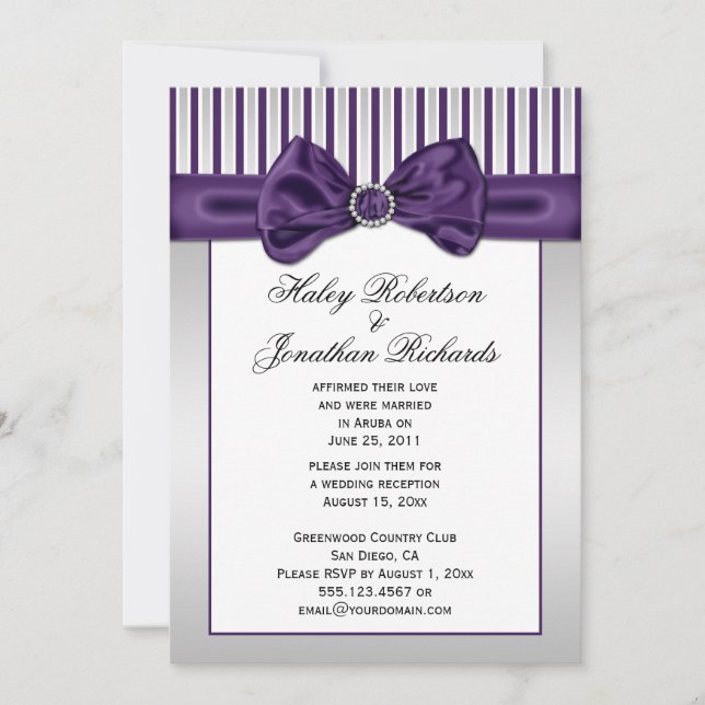 Invitation Rayures Blanches Argent Violet Diamants Après Mari (Devant)