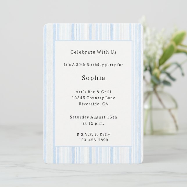 Invitation Rayures Blanches Bleu Clair Anniversaire   (Debout devant)