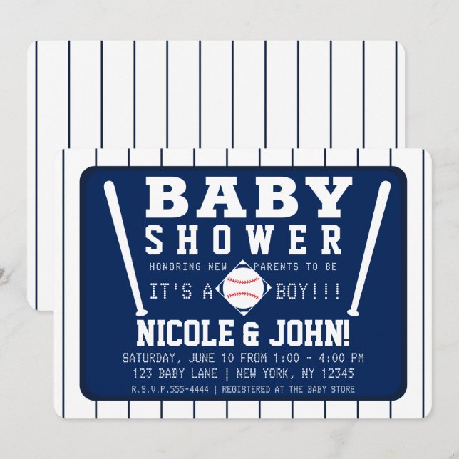 Invitation Rayures Blanches et Bleues Baby Shower Baseball (Devant / Derrière)