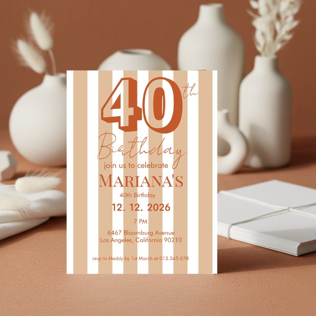 Invitation Rayures blanches et terracotta Moderne 40e anniver (Créateur téléchargé)