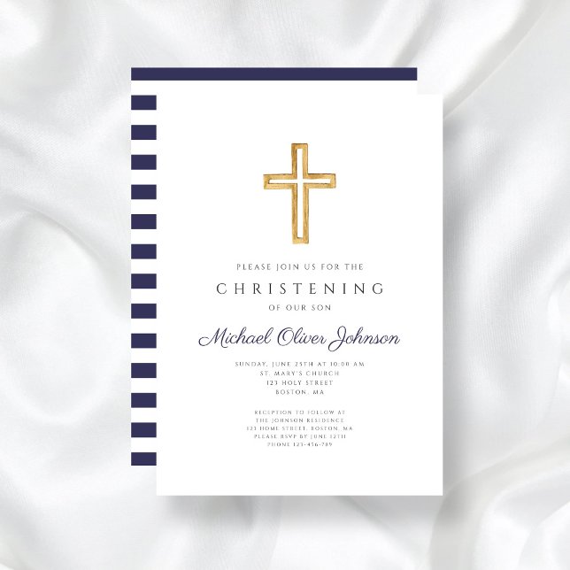 Invitation Rayures Bleu Marine Baptême Religieux Garçon (Navy Blue Stripes Religious Boy Christening Invitation)