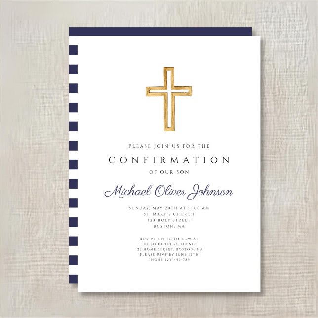 Invitation Rayures Bleu Marine Croix Religieuse Garçon Confir (Navy Blue Stripes Religious Cross Boy Confirmation Invitation)