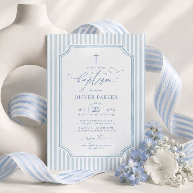 Invitation Rayures Bleu Poussiéreux Baptême pour Bébé Garçon (Créateur téléchargé)